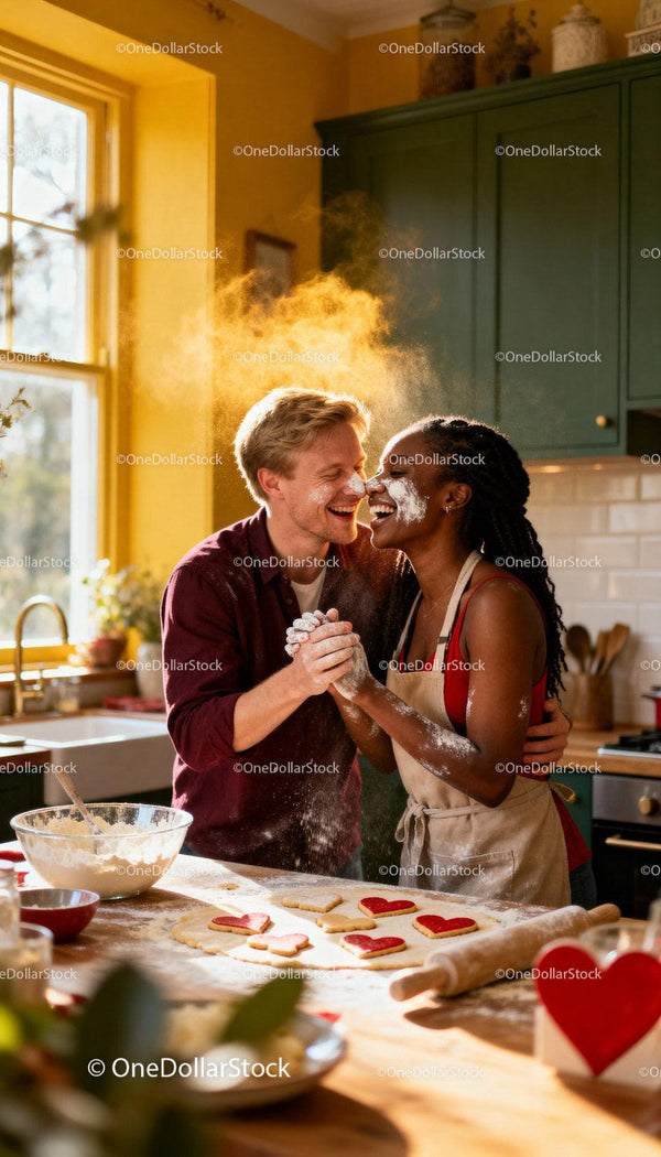 Couple Laughing and Baking Heart Cookies Together