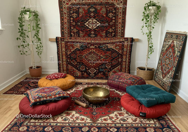 Cozy meditation space with cushions and brass singing bowl