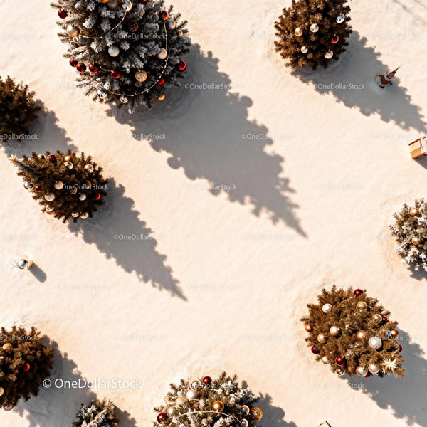 Decorated Christmas Trees Casting Long Shadows on Snow