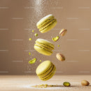 Flying pistachio macarons with powdered sugar sprinkle