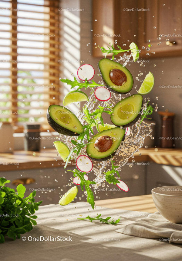 Fresh avocado and greens splashing in kitchen light