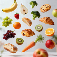 Fresh variety of fruits and baked goods floating in air