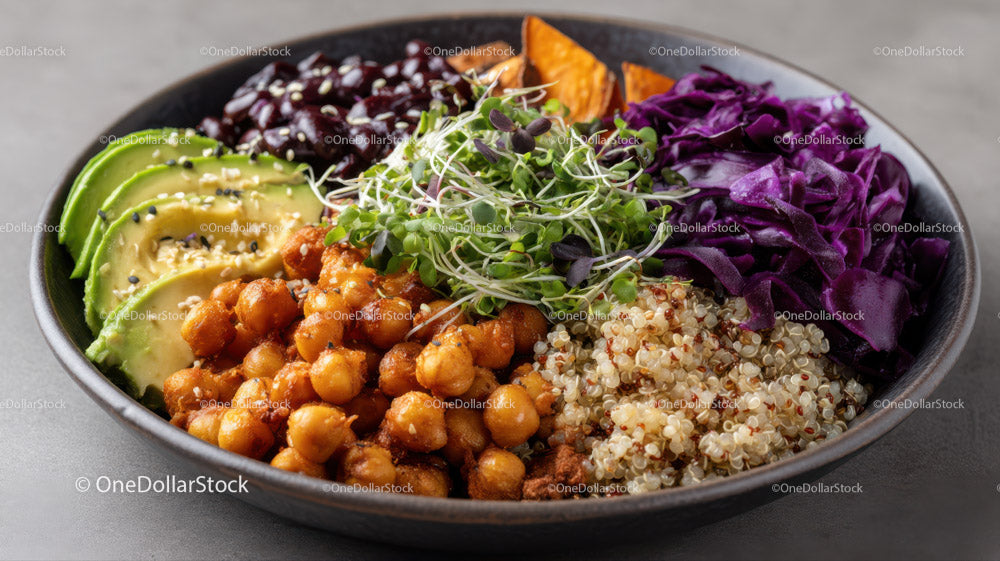 Colorful Vegan Quinoa Bowl with Chickpeas and Fresh Vegetables