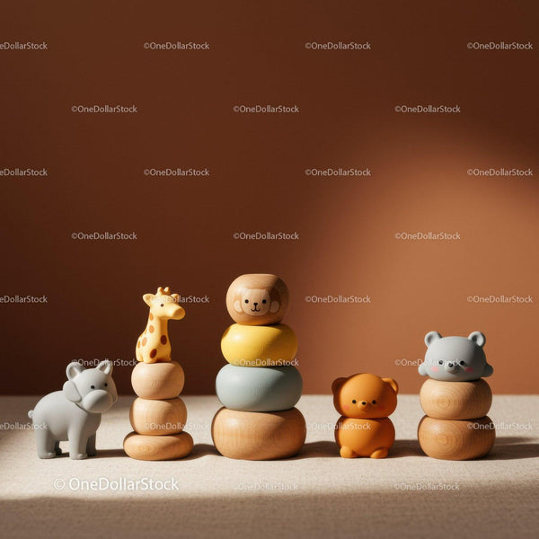 Wooden Animal Stacking Toys on Neutral Background