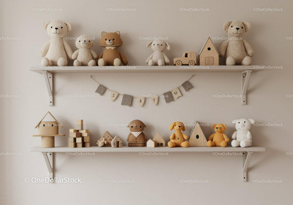 Cute Plush Bears and Wooden Toys in Children's Nursery Decor