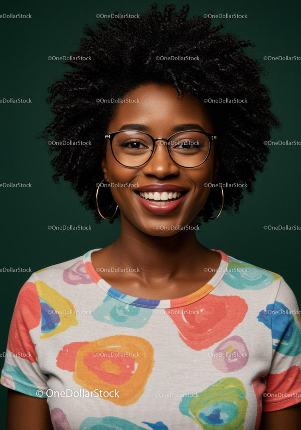 Happy Woman with Afro Hair and Glasses Wearing Colorful Floral T-Shirt