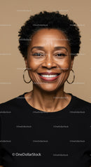 Confident Smiling Woman with Curly Hair and Hoop Earrings