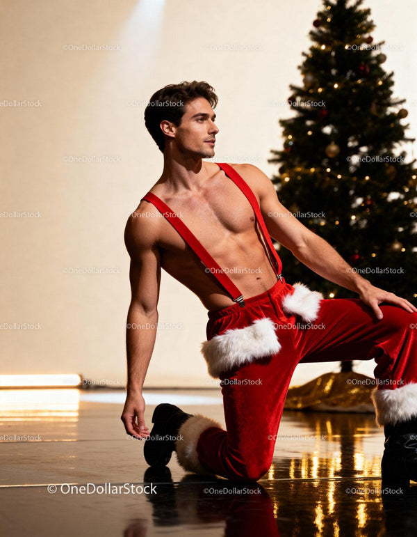 Fit man in Santa pants posing near Christmas tree