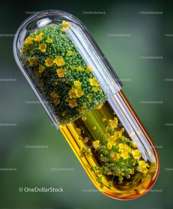 Transparent Capsule Containing Green Spheres And Yellow Flowers