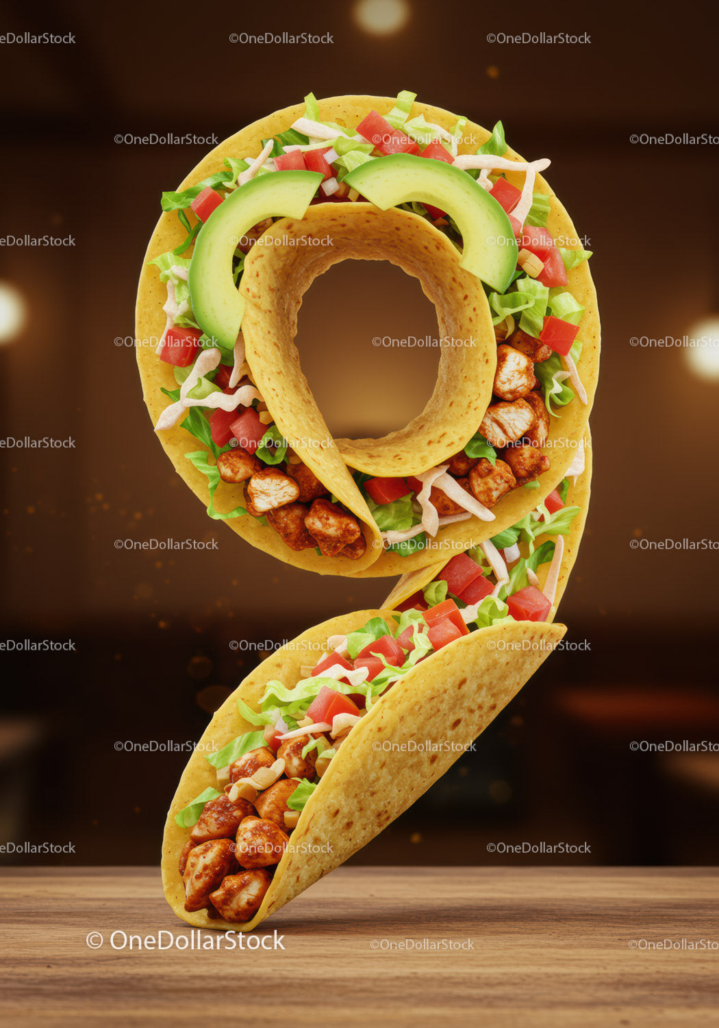 Taco shaped as number nine with fresh ingredients