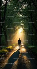 Person walking on forest path with golden sunlight