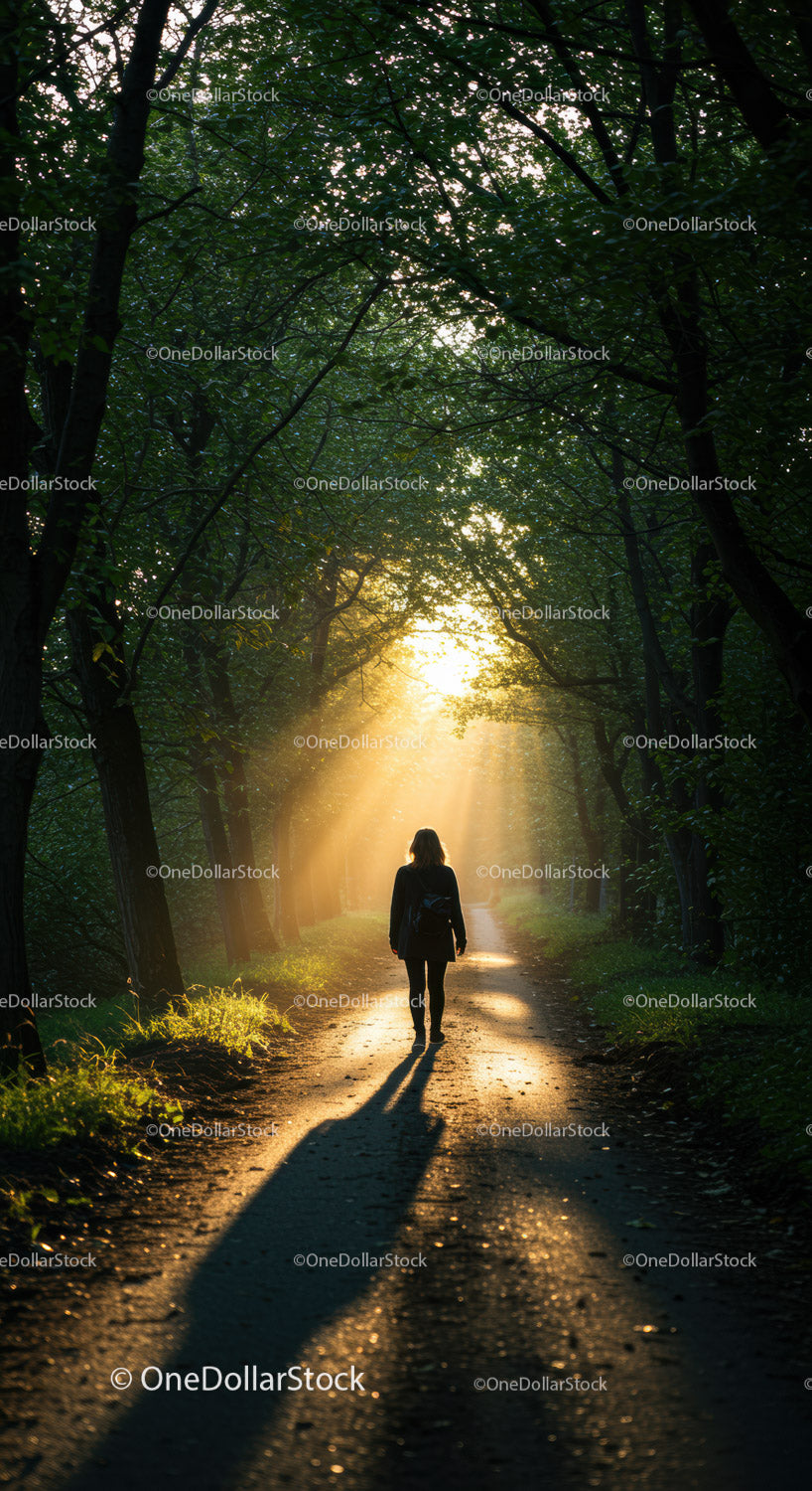 Person walking on forest path with golden sunlight