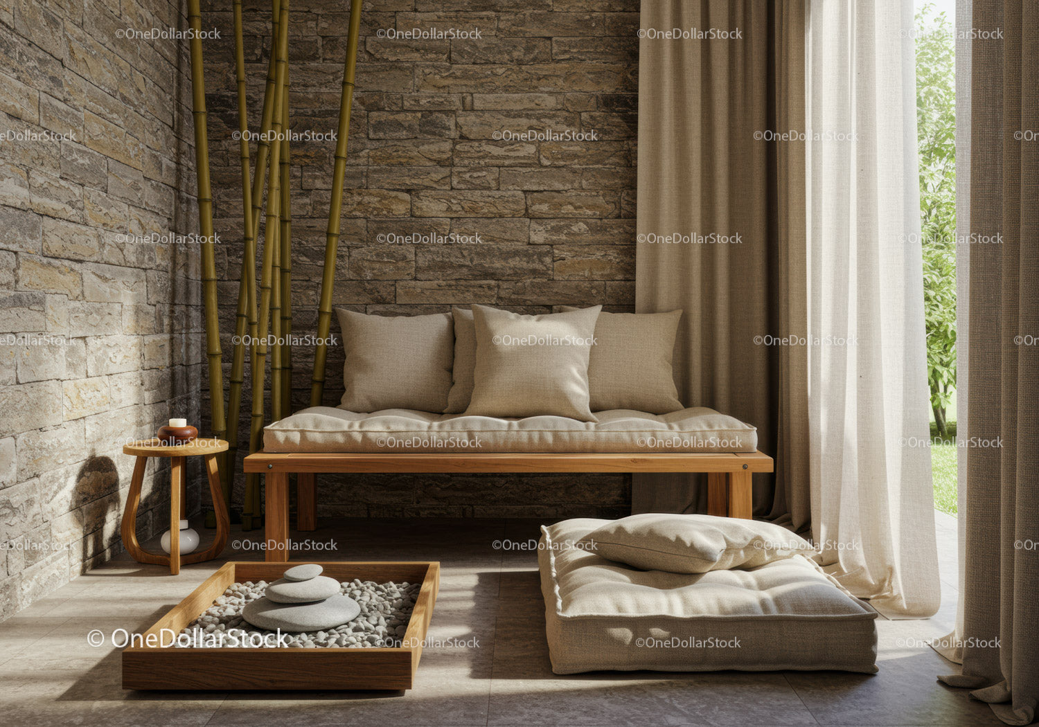 Minimalist Zen Lounge with Natural Stone and Bamboo