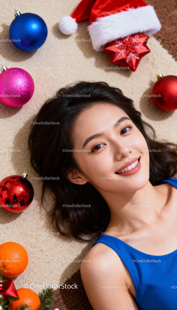 Smiling woman lying with Christmas decorations on carpet