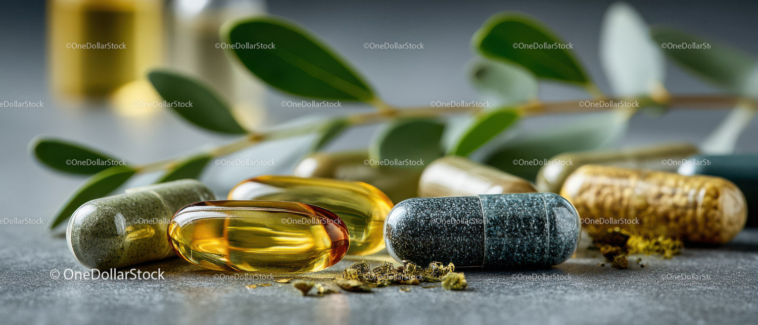 Assorted Herbal Supplement Capsules with Green Leaves on Stone Surface