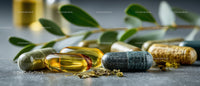 Assorted Herbal Supplement Capsules with Green Leaves on Stone Surface