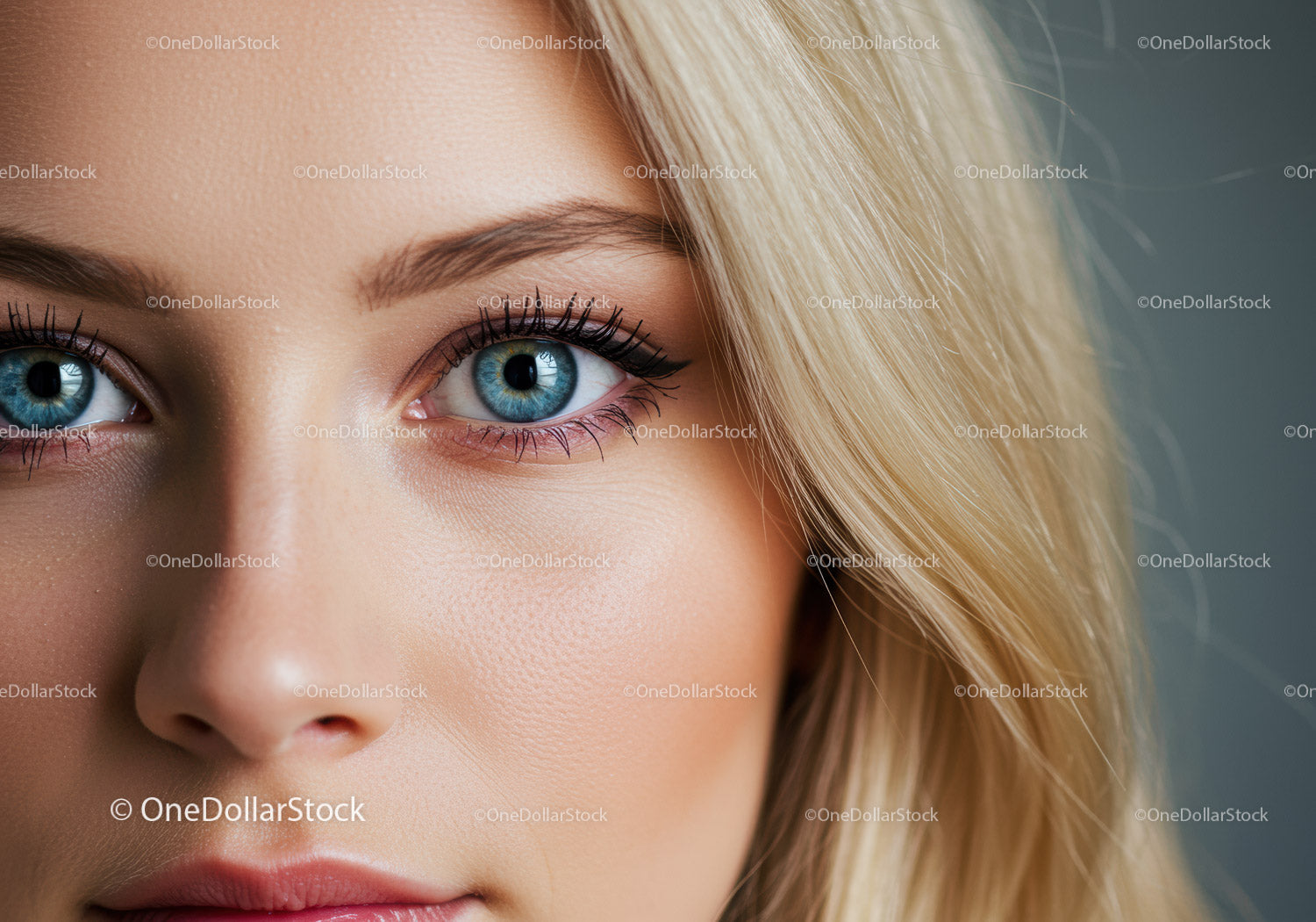 Close up of blue eyes and flawless skin of blonde woman