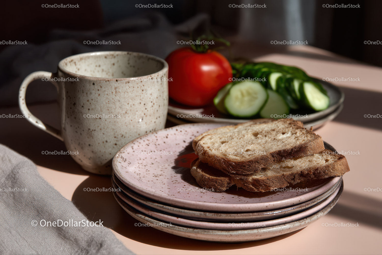Rustic Breakfast with Bread Tomato and Cucumber on Pink Plates