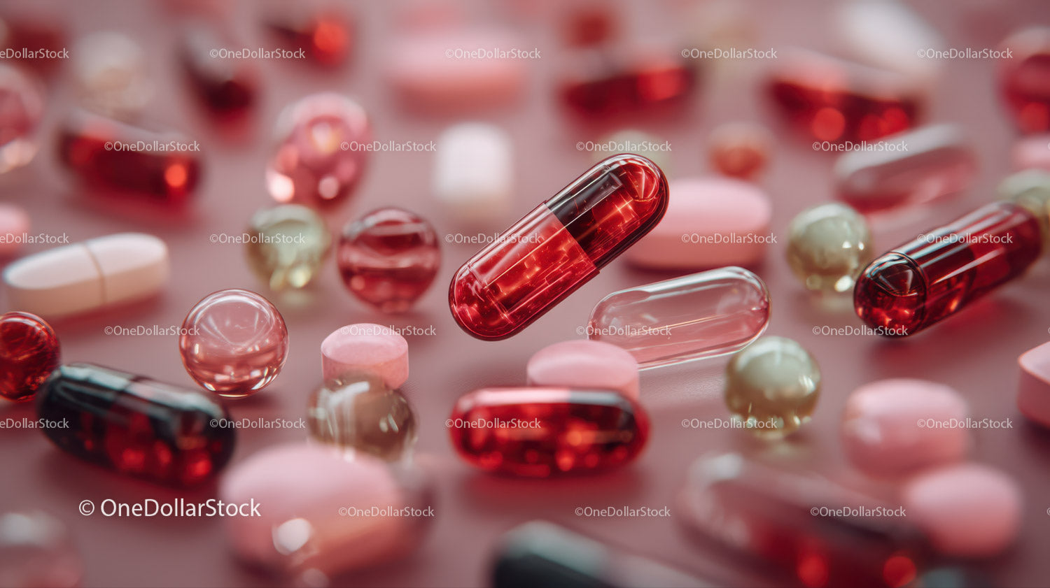 Assorted Pink and Red Pills and Capsules for Healthcare and Medicine