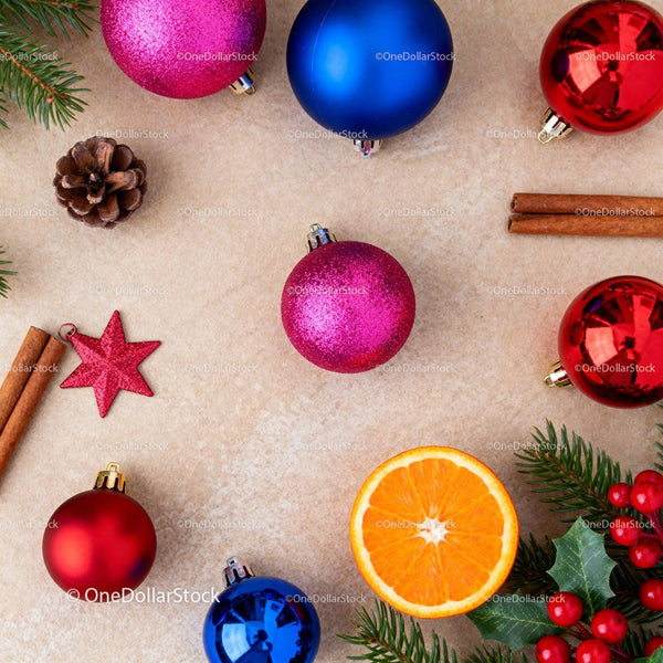 Colorful Christmas ornaments and festive decorations