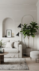 Cozy modern living room with indoor plants and soft decor