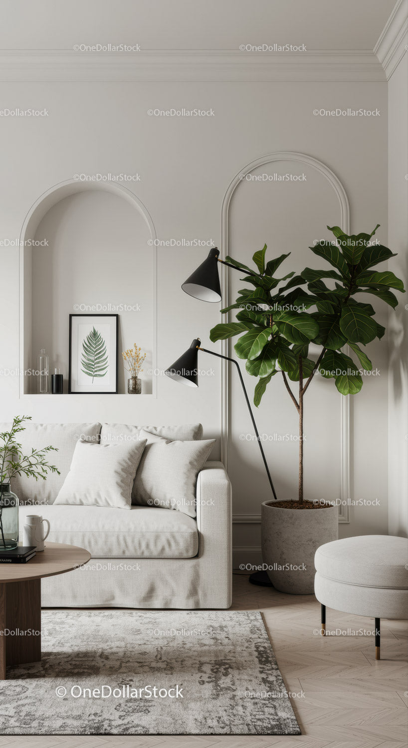 Cozy modern living room with indoor plants and soft decor