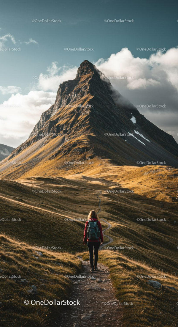 Majestic Mountain Peak with Hiker on Scenic Trail in Wilderness