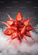 Fresh strawberry halves splashing in vibrant liquid