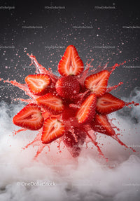 Fresh strawberry halves splashing in vibrant liquid