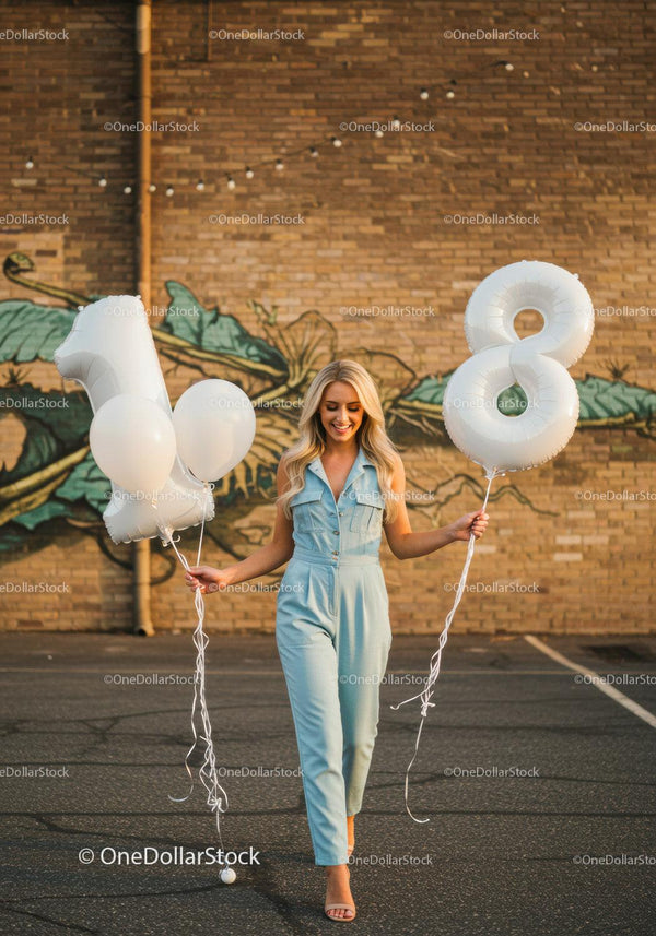 Blonde woman walking with number 18 balloons outdoors
