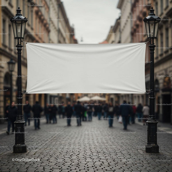 Blank white banner hanging between vintage street lamps JPG Mockup Image