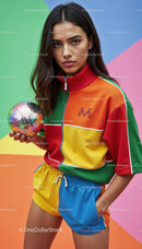 Stylish Young Woman in Colorful Tracksuit Holding Disco Ball