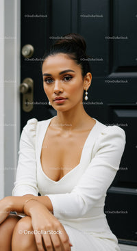 Elegant woman in white dress sitting by black door