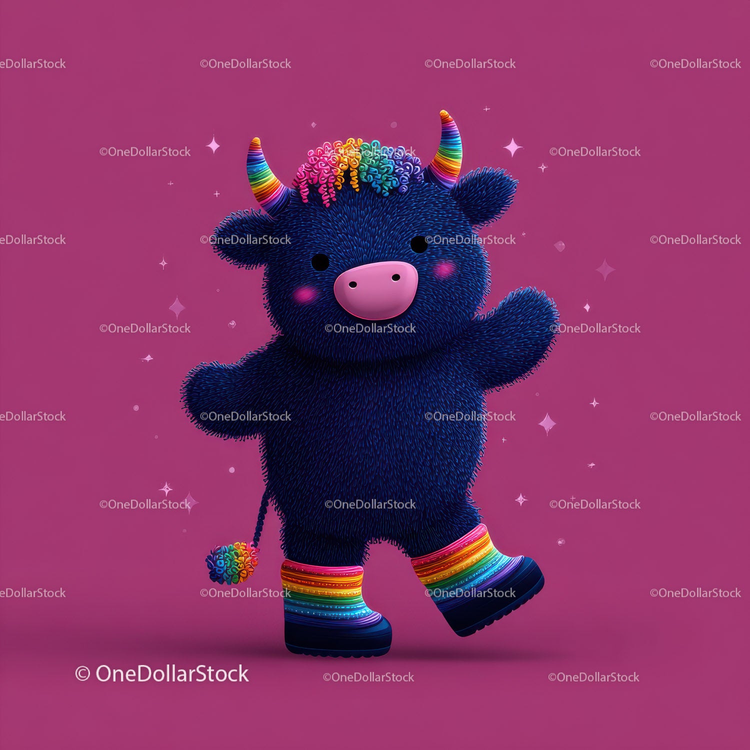 Colorful Furry Mascot with Rainbow Horns Wearing Boots and Smiling