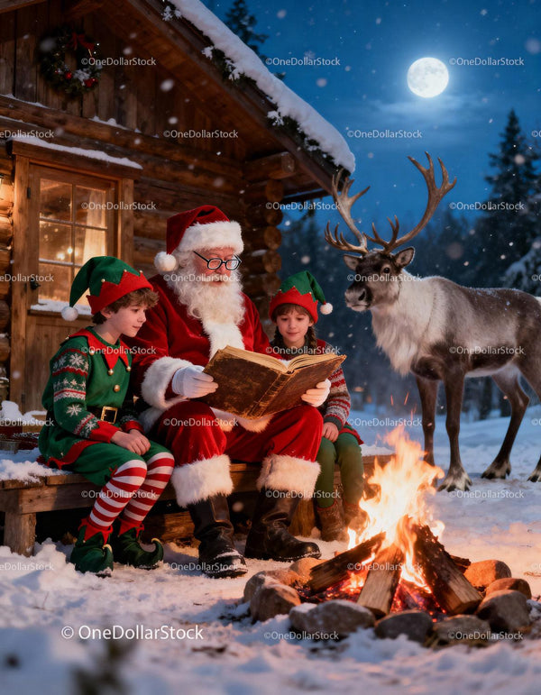 Santa reading Christmas stories with elves by campfire