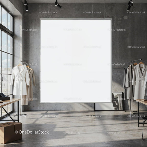 Minimalist Clothing Store Interior with Blank Poster JPG Mockup Image