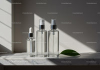 Clear Cosmetic Bottles on Marble Shelf with Leaf