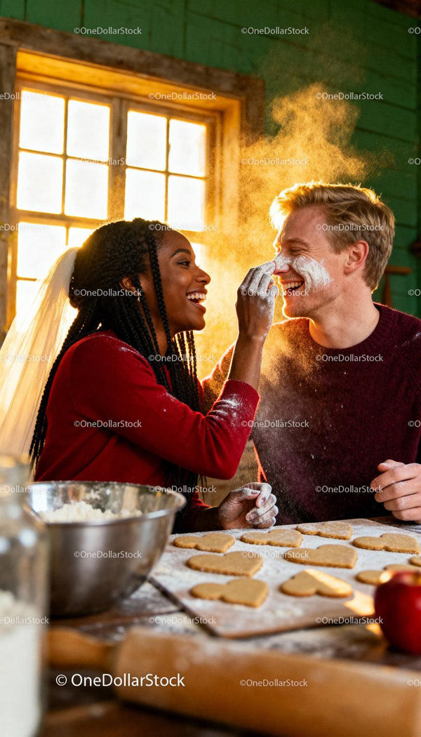 Couple Sharing Joy While Baking Heart-Shaped Cookies