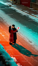 Couple sharing a romantic kiss on a snowy street