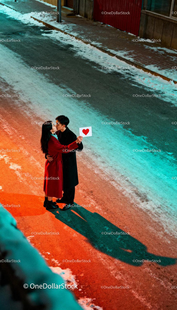 Couple sharing a romantic kiss on a snowy street