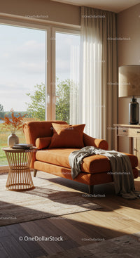 Cozy orange chaise lounge by bright window and side table