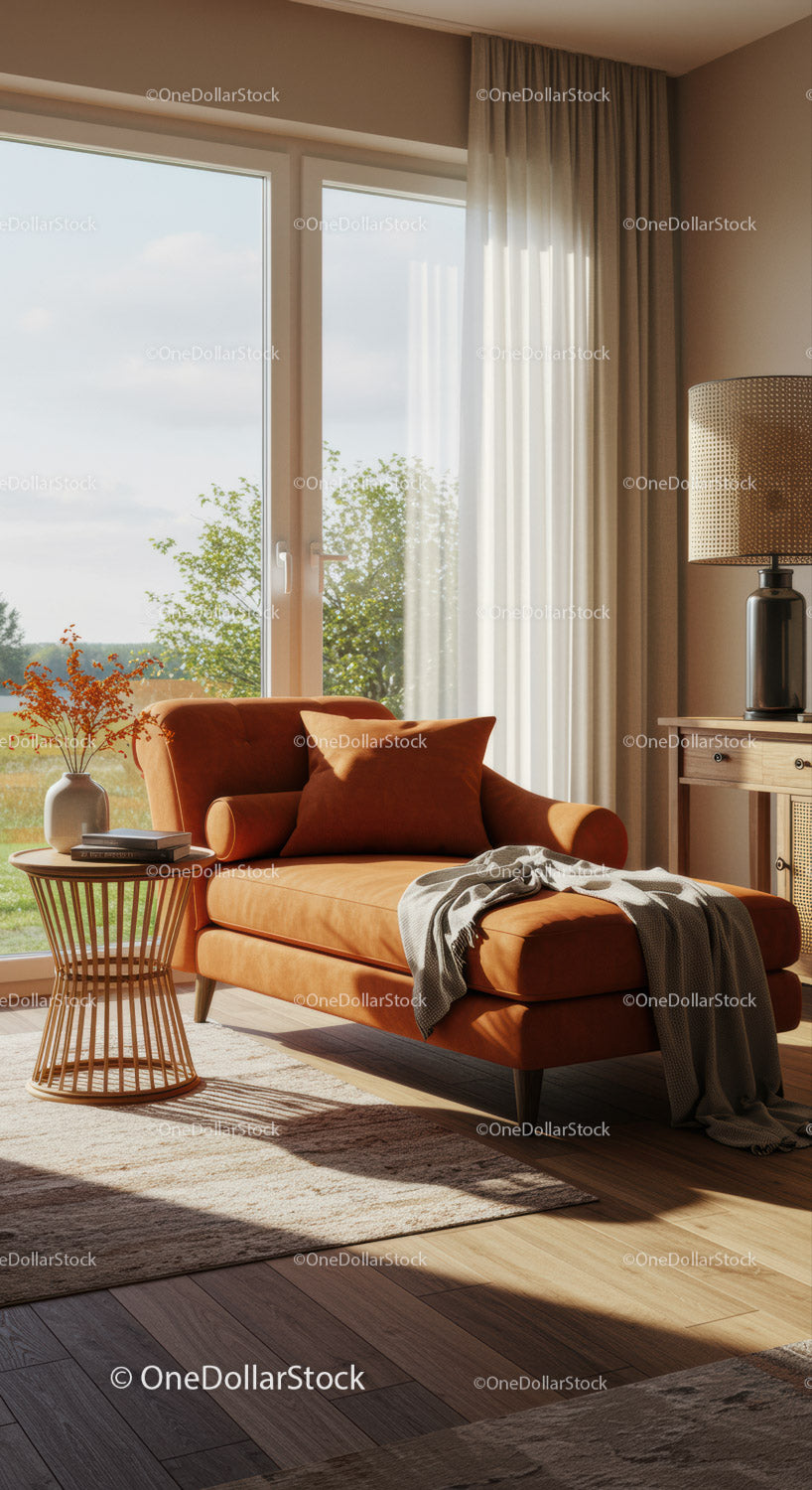 Cozy orange chaise lounge by bright window and side table