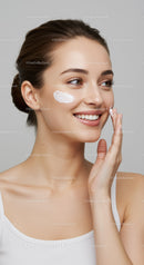 Young Woman Applying Facial Cream with Bright Smile for Healthy Skin