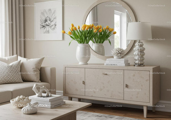 Elegant Living Room Interior with Yellow Tulips and Modern Decor