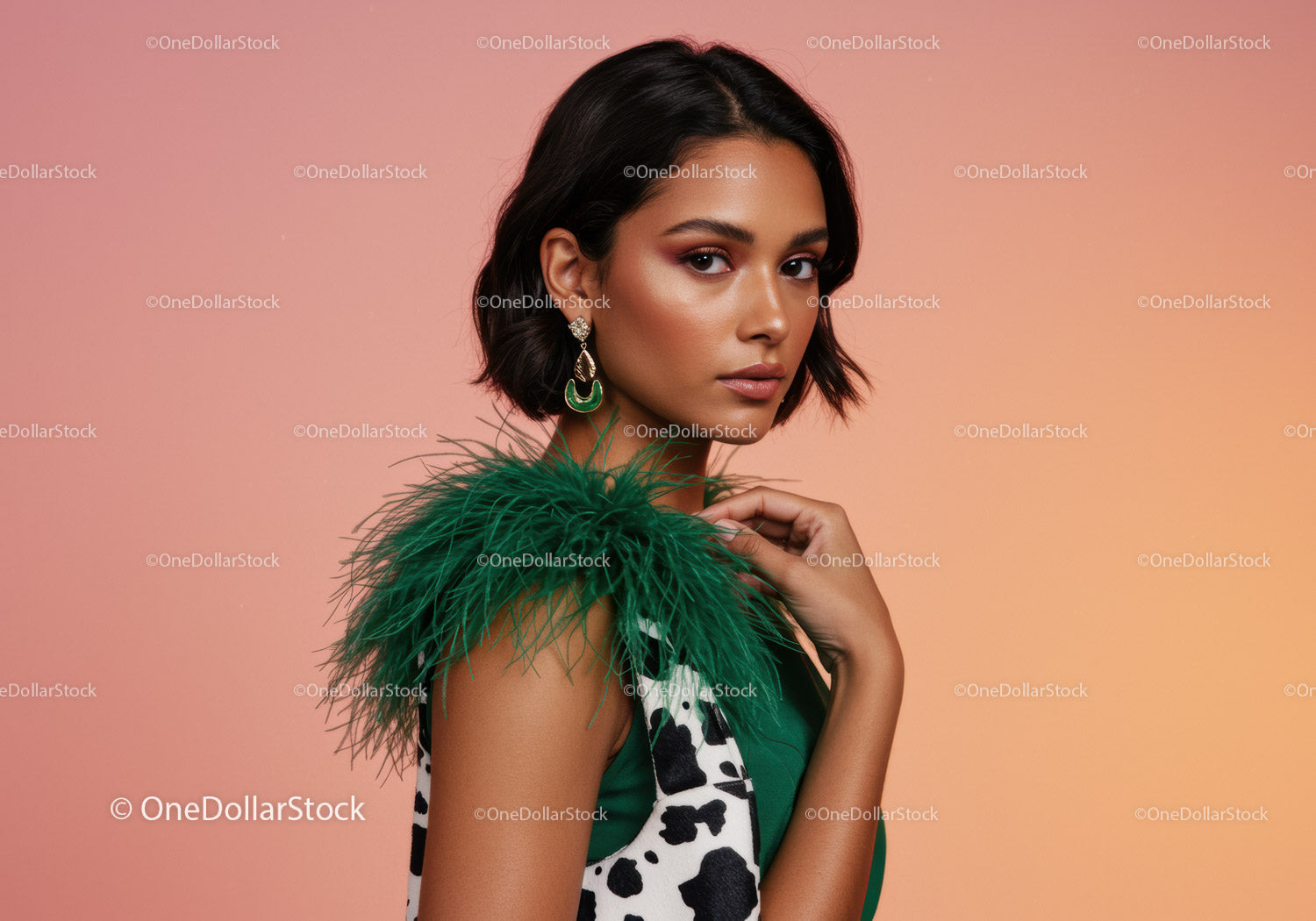 Chic Fashion Model in Green Feather Dress with Bold Accessories