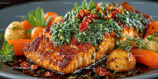 Gourmet Salmon Fillet with Herb Sauce and Roasted Vegetables