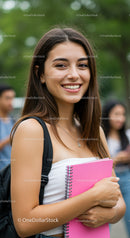 Young Smiling Woman Holding Pink Notebook in Outdoor Campus