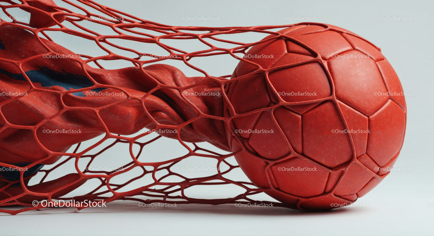 Red Soccer Ball in Goal Net with Dynamic Sports Atmosphere