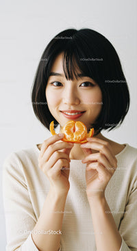 Young Woman Smiling Holding Fresh Tangerine in Bright Indoor Setting