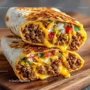 Beef Burritos with Vegetables and Melted Cheese on Wooden Board